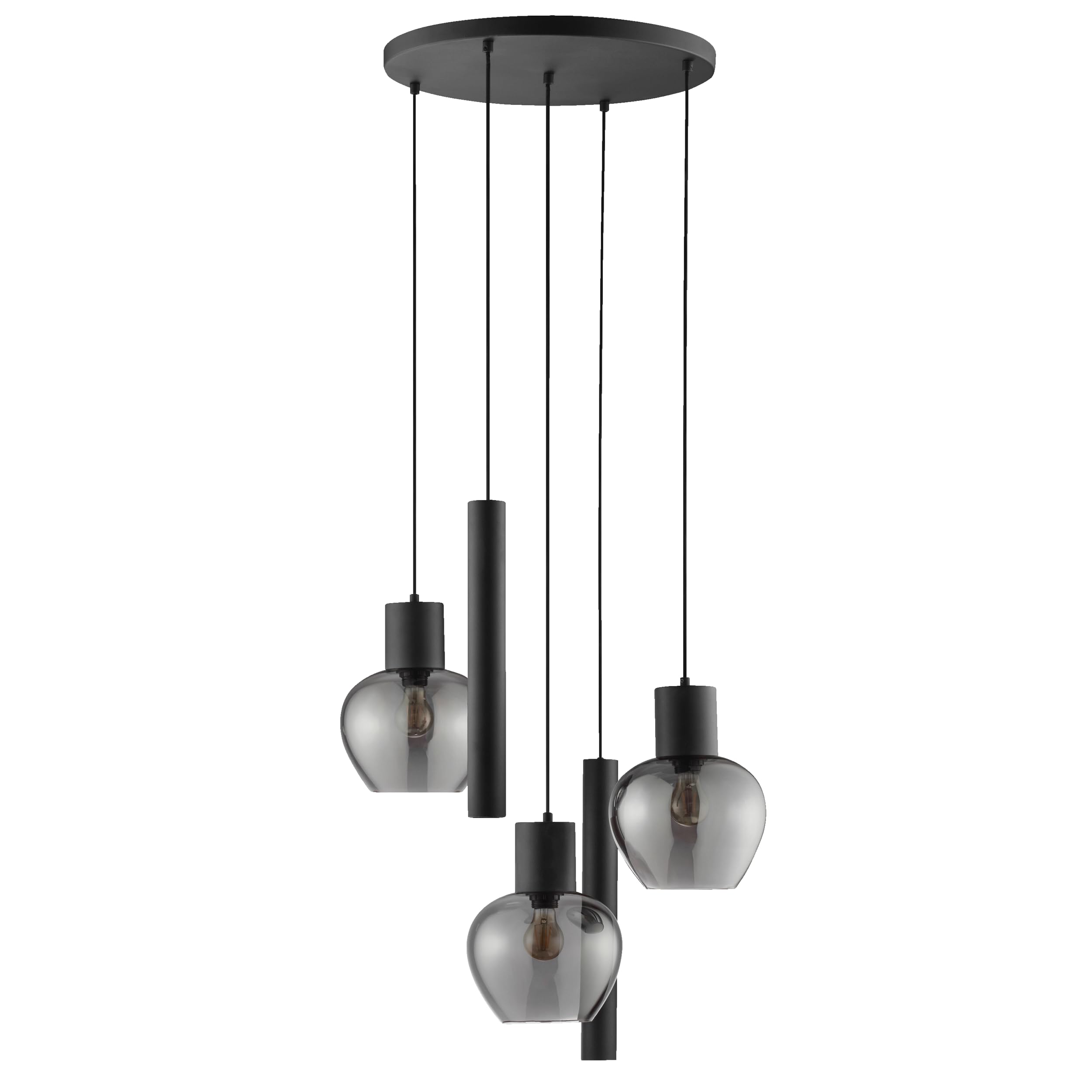 Lightbox Pendelleuchte, 5-flammig, 3 x E27 und 2 x GU10 Fassung, Ø 68 cm x 150 cm, dimmbar, Kabel kürzbar, Aluminium und Rauchglas, schwarz rauchfarben, modern Glamour, Wohnzimmer Esszimmer