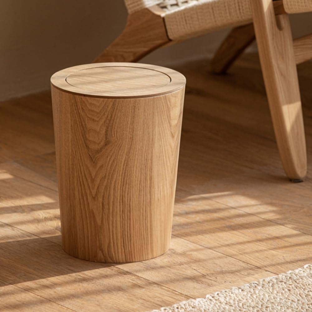 Cestino per Rifiuti in Legno Massello da 10 Litri con Coperchio Basculante - Cestino per Rifiuti Rotondo Ecologico per Ufficio e Casa