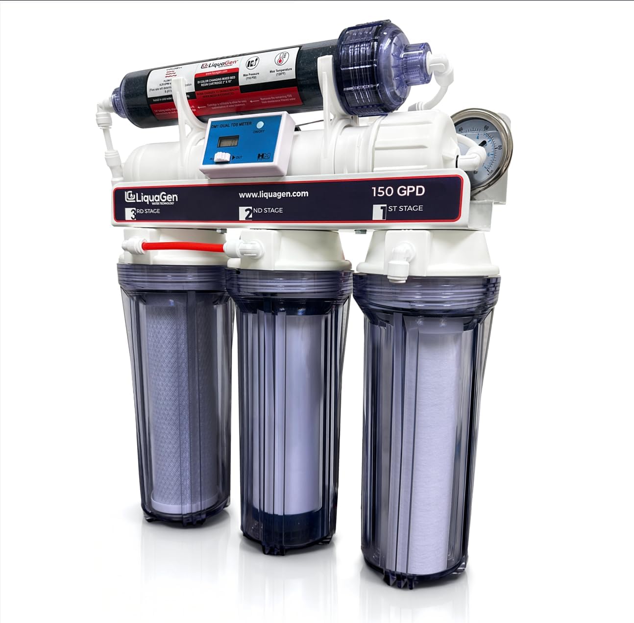 LiquaGen 5 Stage RO/DI Aquarium Reef Water Filter System 150 GPD – Reverse Osmosis Deionization Unit for Saltwater Marine Coral Fish Tank – TDS Meter & Pressure Gauge Included