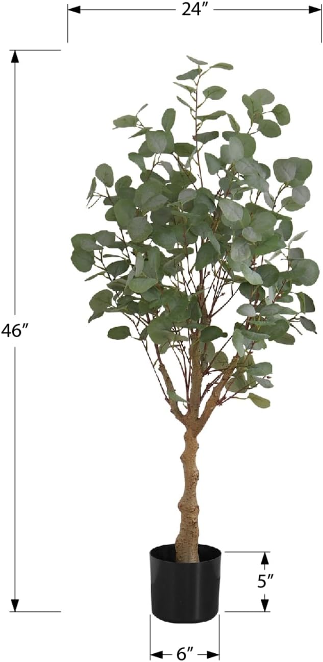 Monarch Specialties I 9518 Artificial Plant, 46" Tall, Eucalyptus Tree, Indoor, Faux, Fake, Floor, Greenery, Potted, Decorative, Green Leaves, Black Pot