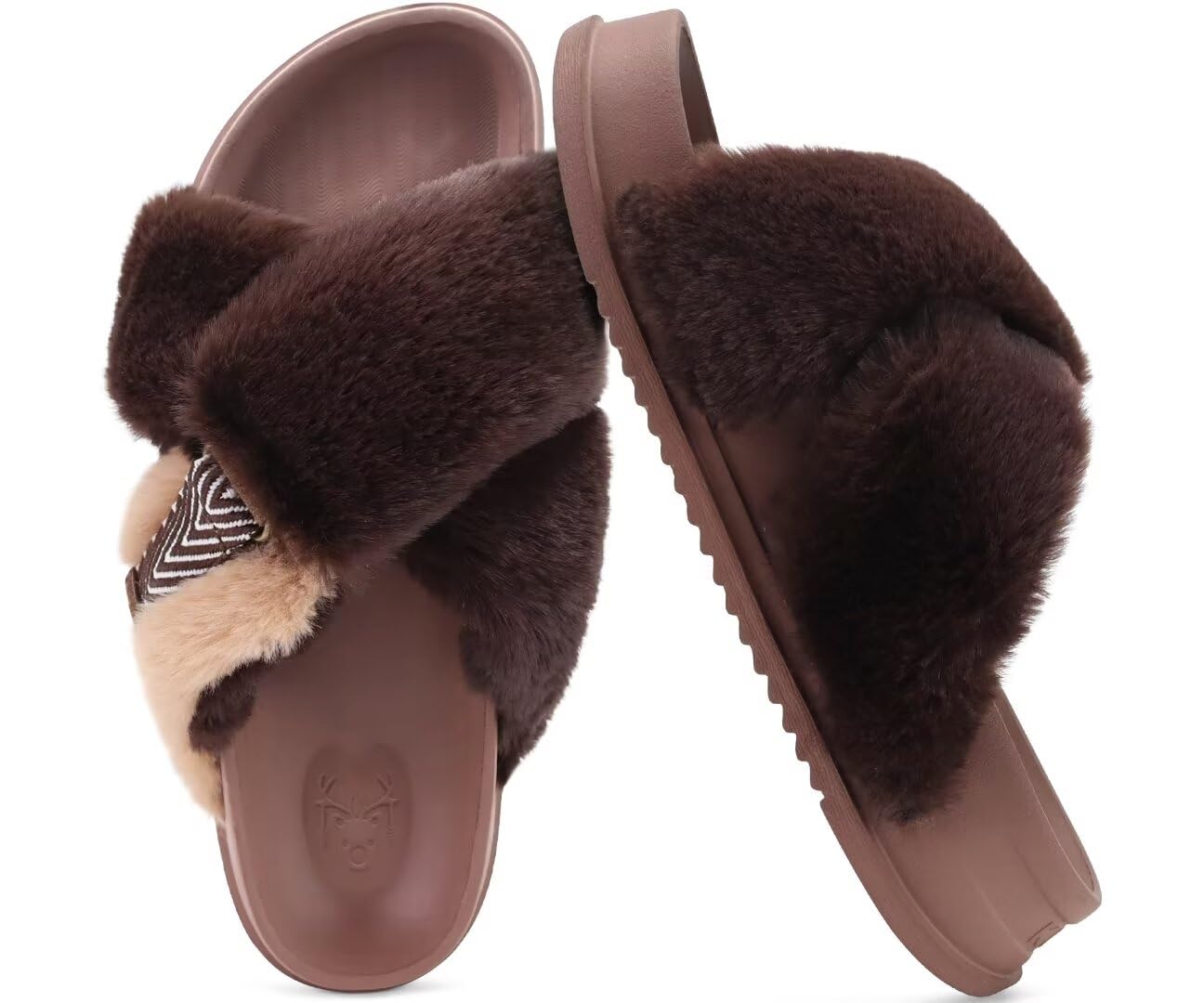 KuaiLu Women's Fuzzy Cross Band Platform Slippers Furry Faux Fur Comfortable Arch Support Open Toe Slides for Indoor Outdoor