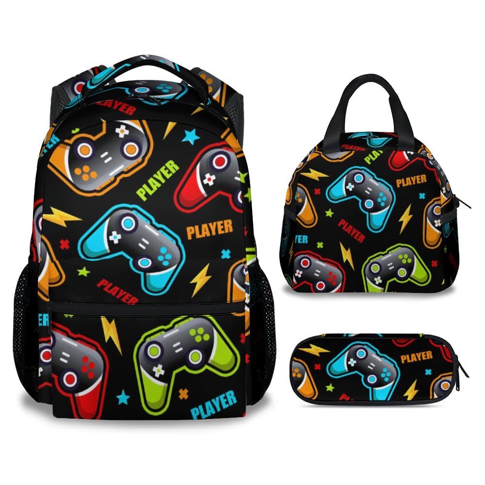 Backpack with Lunch Box for Boys - 3Pcs Kids Gaming Backpacks Matching Set for Kindergarten - Funny Colorful Bookbag and Pencil Case Bundle