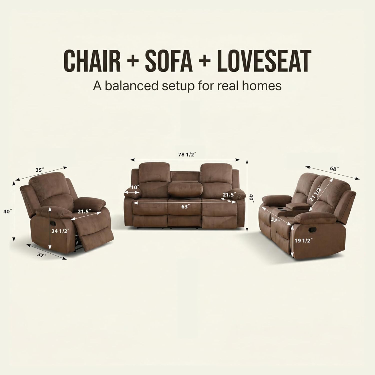 3 Piece Reclining Sofa Set, Brown Pineapple Velvet Living Room Furniture Set with Chair, Loveseat and Sofa, Storage Console, Cup Holders and Drop Down Table