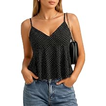 FOMELY Women's Polka Dot Babydoll Tank Top Summer Ruffle Hem Camisole | backless, vintage, casual, sweet, elegant, y2k, blouse, shirts, party, holiday, outdoor, stretchy, Spaghetti, lightweight