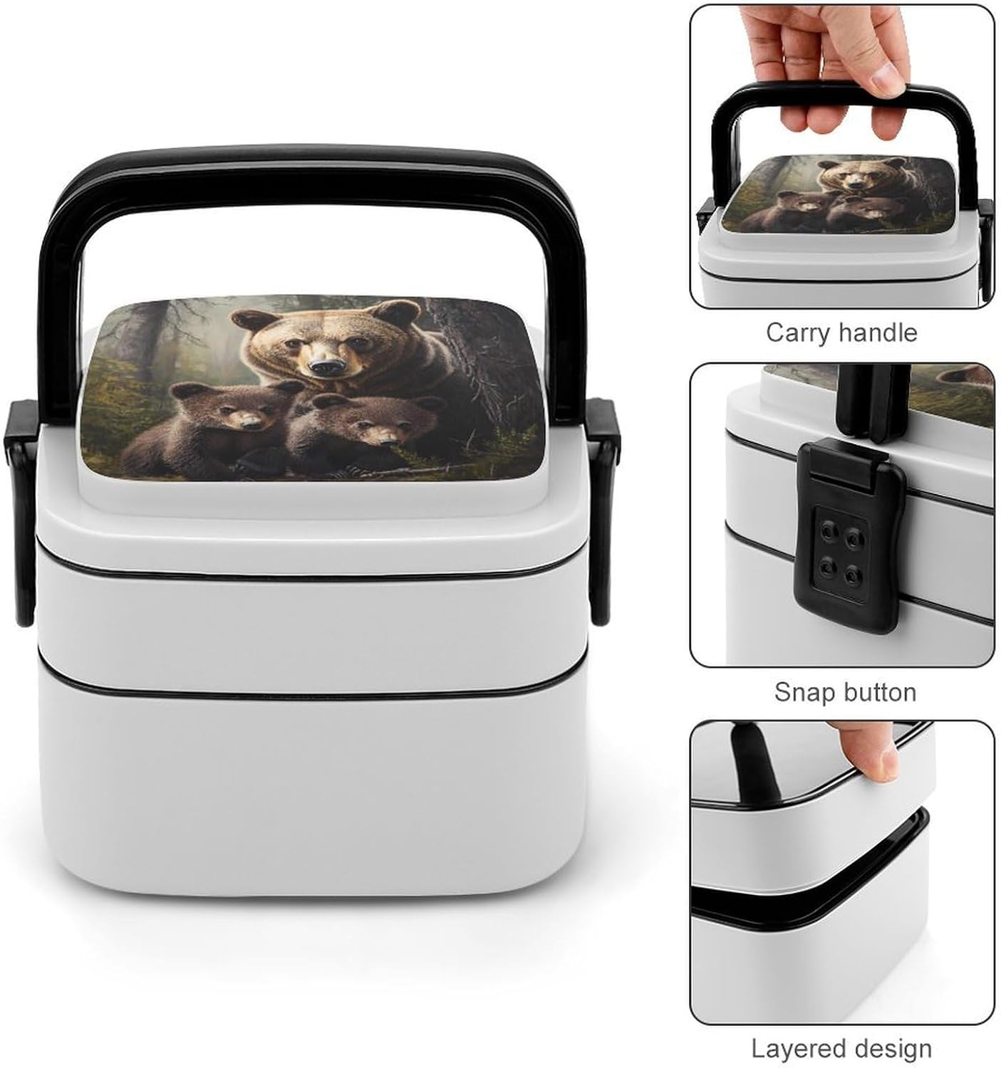 Bear Family Bento Box with Spoon 2 Layer Food Container Cute Lunch Box for Travel Dining Work