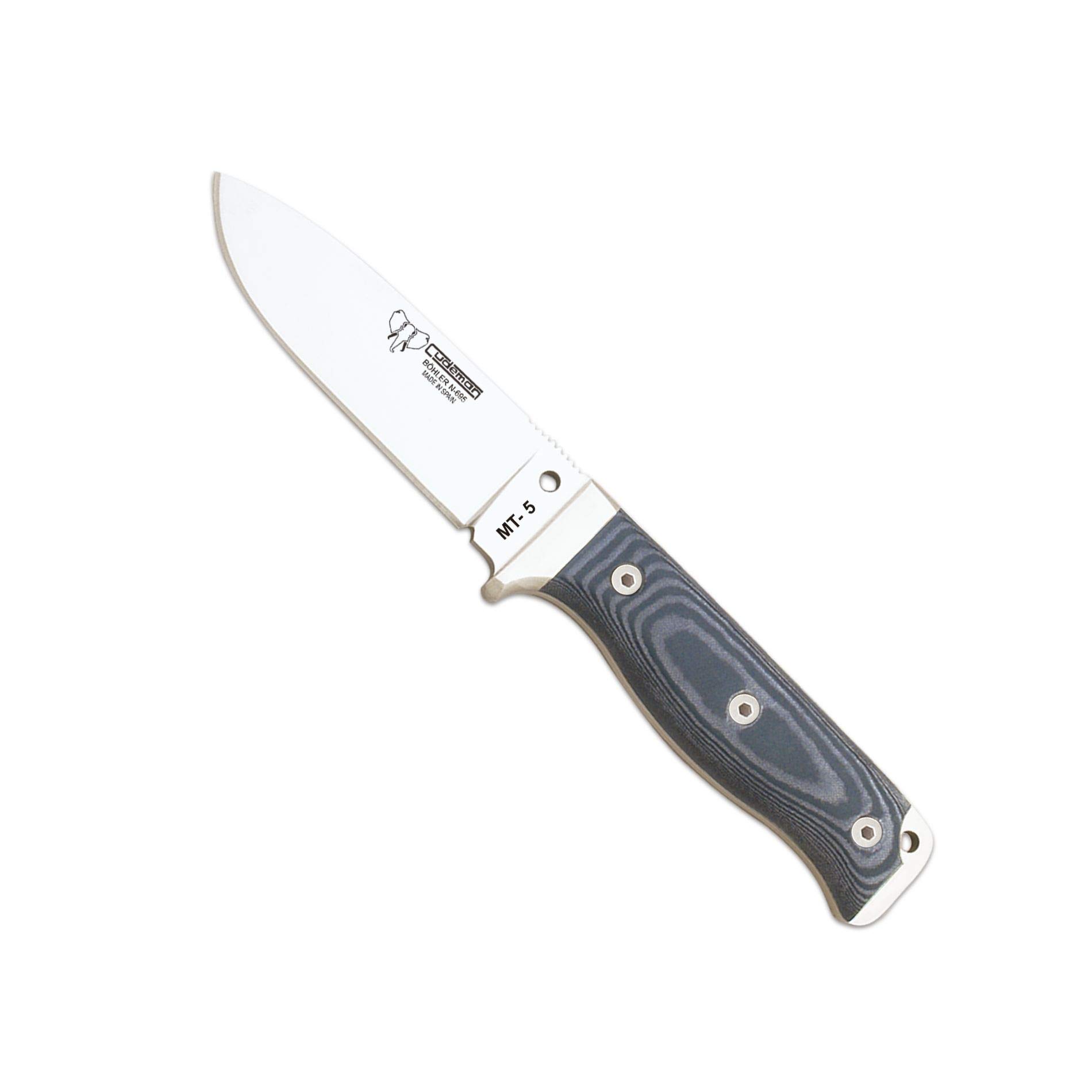 Cudeman Cuchillo 120-M MT-5 Hoja de Acero Inoxidable Böhler N-695 de 11 cm empuñadura de micarta Negra de 11,5 cm Funda de Cuero para Caza, Pesca, Supervivencia y bushcraft + Portabotellas Regalo