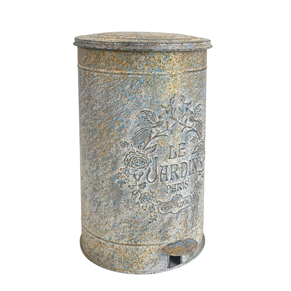 Pattumiera a pedale da giardino in metallo grigio fatta a mano "Le Jardin" look vintage unico chic HA1302