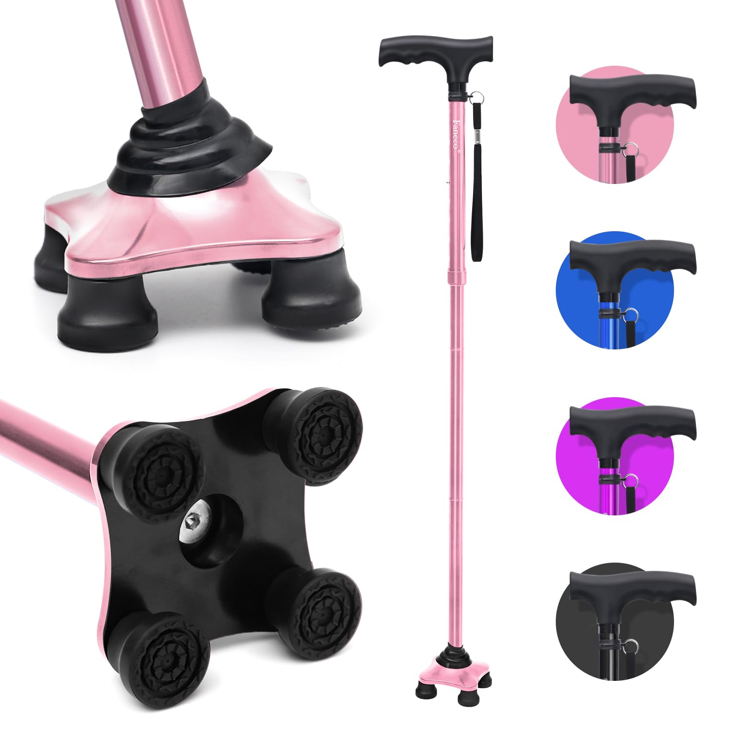 FANECO Walking Cane, Folding Walking Stick for Seniors, Pivoting Quad Base, Lightweight Adjustable Walking Stick for Men/Women