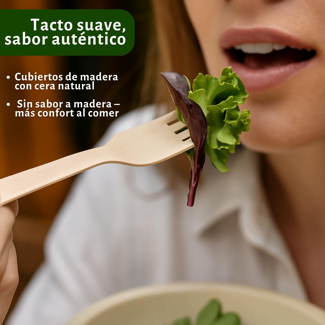 Pack Vajilla Desechable Ecológica para 100 Personas – 600 Piezas Compostables | Platos y Bowls de Caña de Azúcar, Cubiertos de Madera Encerada, 100 Servilletas 20x20 | Biodegradable