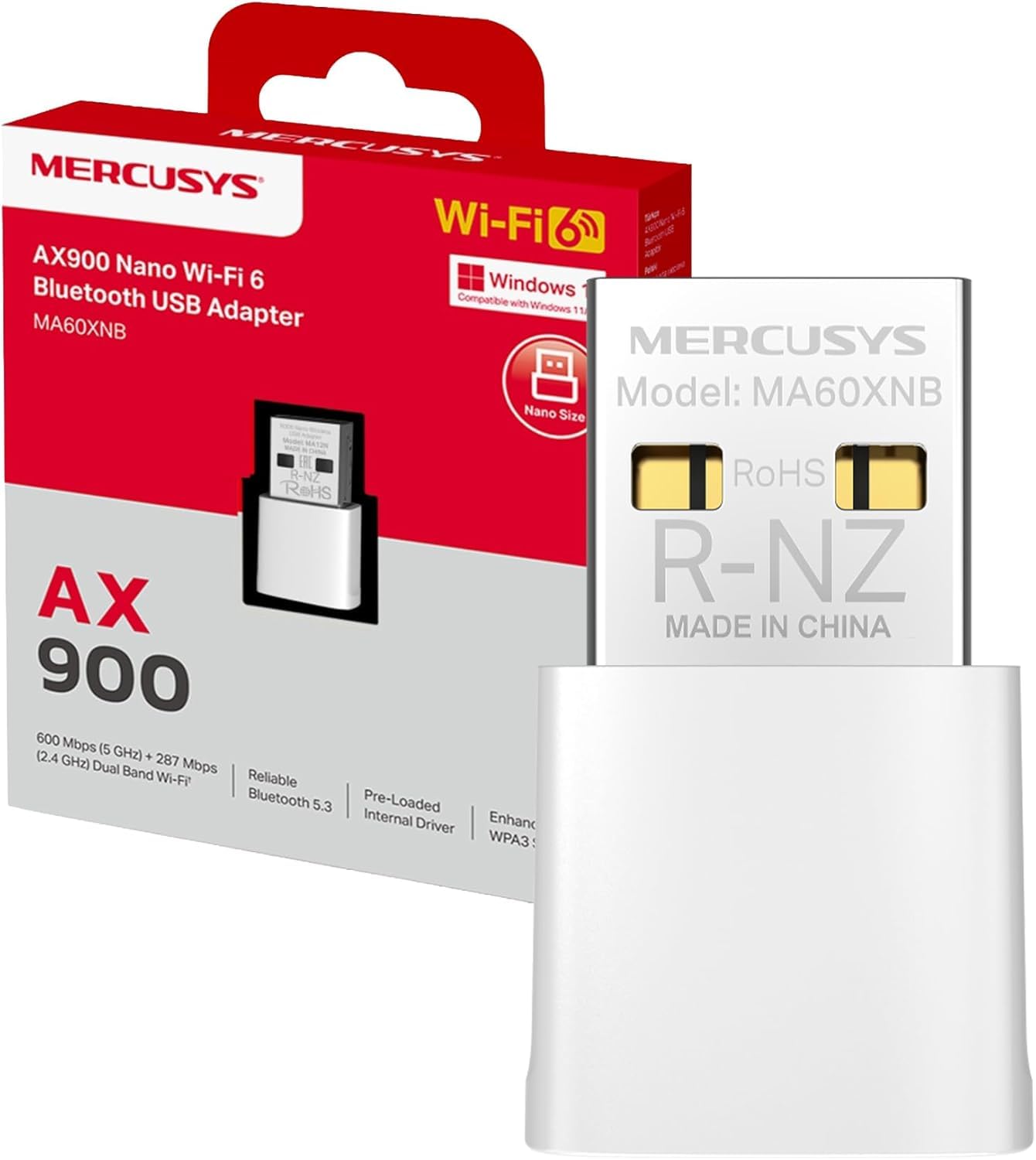 Mercusys MA60XNB - Adaptador USB Nano Wi-Fi 6 AX900 + Bluetooth 5.3, Doble Banda (600 Mbps a 5 GHz / 287 Mbps a 2,4 GHz), Seguridad WPA3, Compatible Windows 11/10