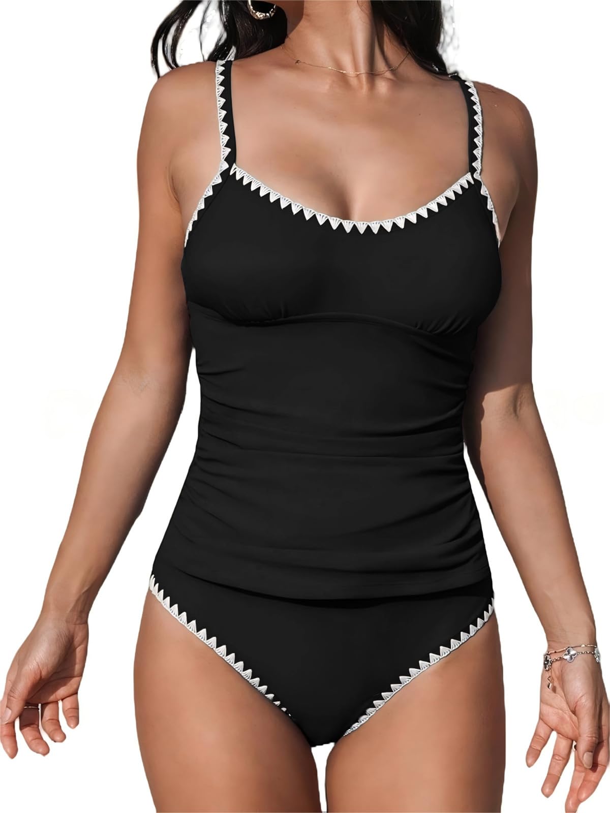 Maillot de Bain 2 Pièces Femme Tankini Push-Up Bikini Deux Pièces Col U Élégant Haut avec Bas de Maillot de Bain Swimwear de Plage Beachwear Été