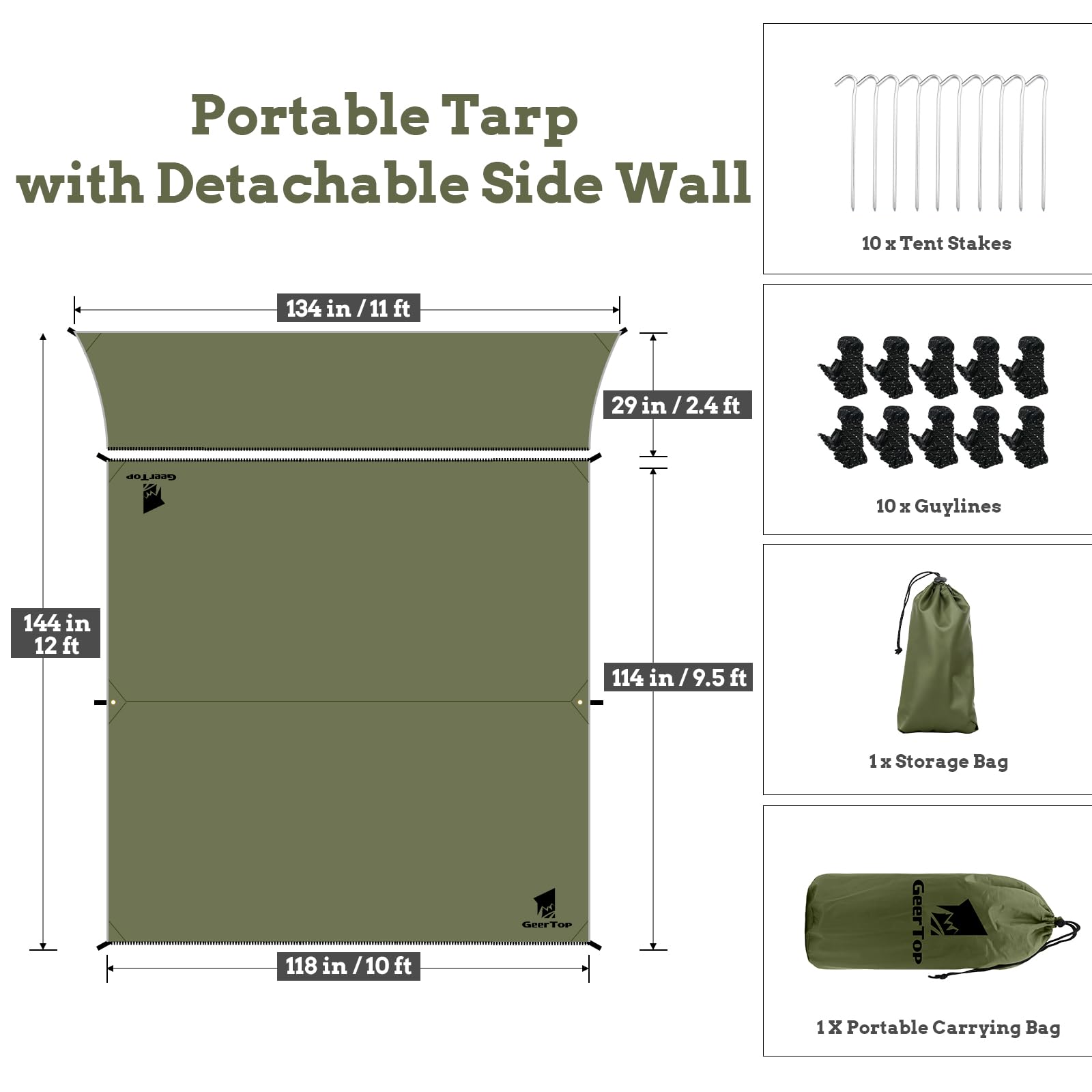 GEERTOP Tarp Wasserdicht, 3×3.6m Ultraleicht Camping Zeltplane, Anti-UV Schutz Sonnen & Regen & Schnee, Mit Ösen, Aluminiumstifte, Nylonseile, Leicht tragbar für Hängematte Camping Picknick Wandern