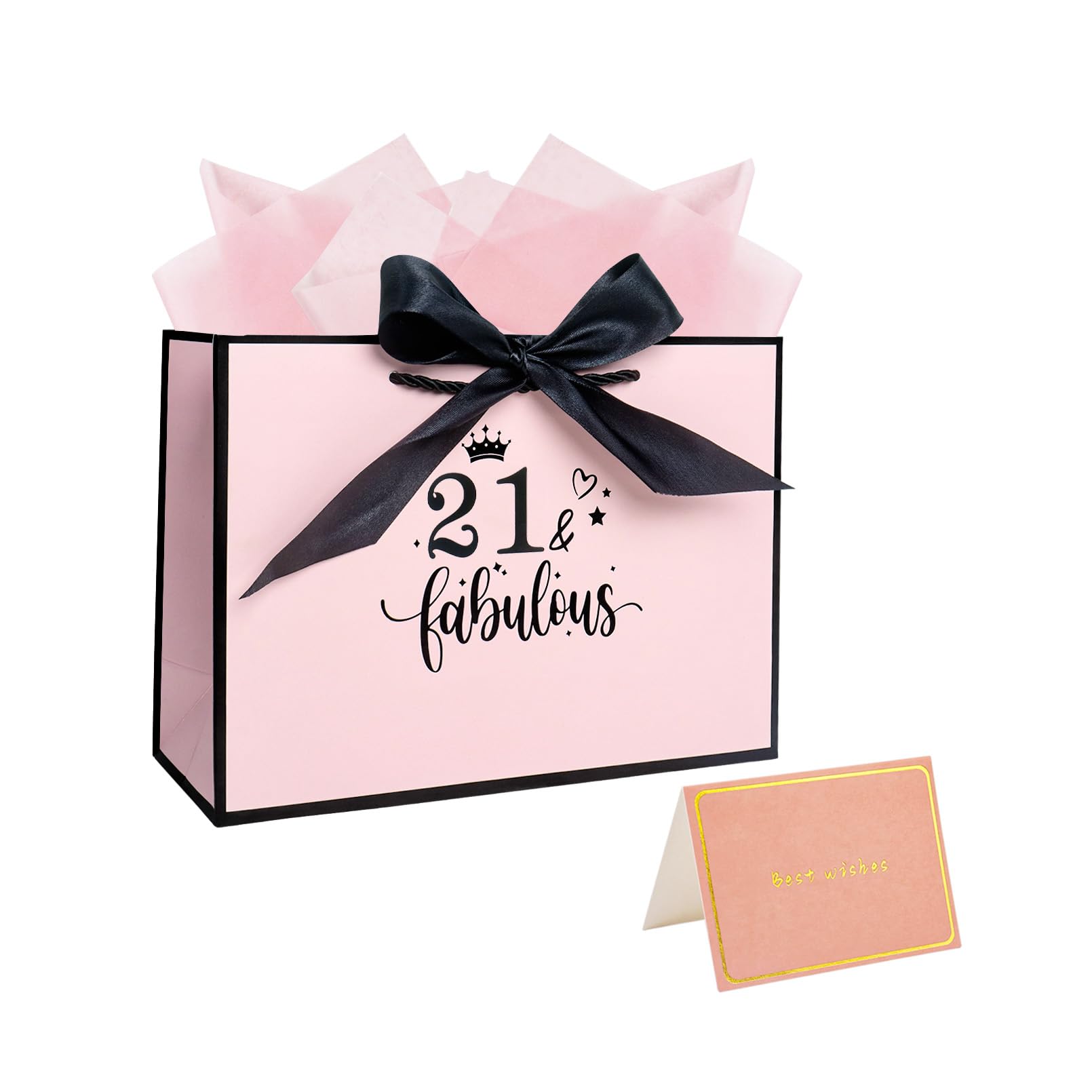 Nwvuop 11.0× 8.0× 4.0 Inches 21st Birthday Gift Bag for Women, 21st Pink Paper Gift Bag with Tissue Paper and Card — image 1
