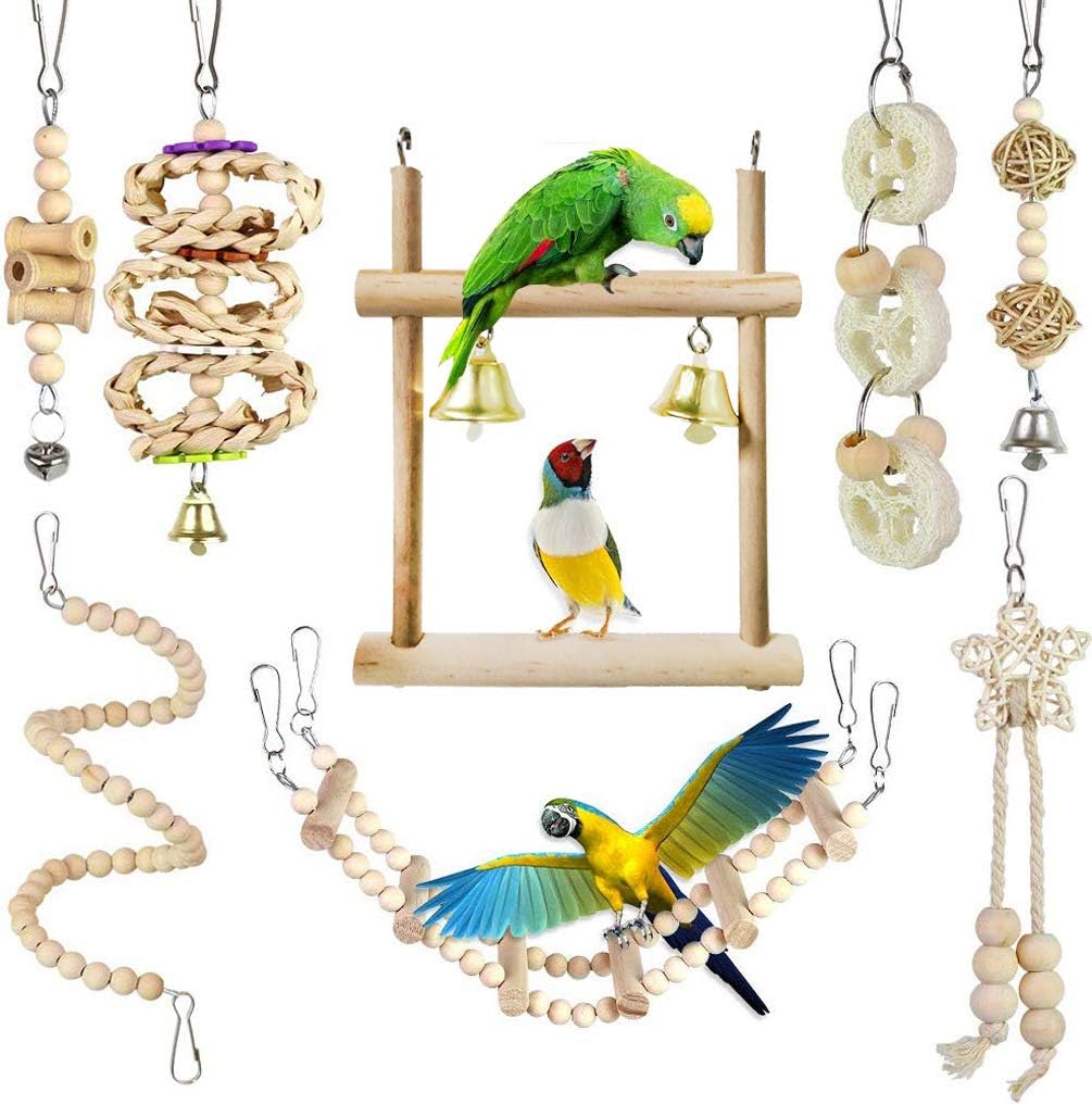 CAMITER 8 Packs Bird Toys Parrots Cage Toys Natural Wood Hanging Swing Shredding Chewing Perches Parrot Toy Parrot Bite Toy for Budgie Parakeet Cockatiel Macaw