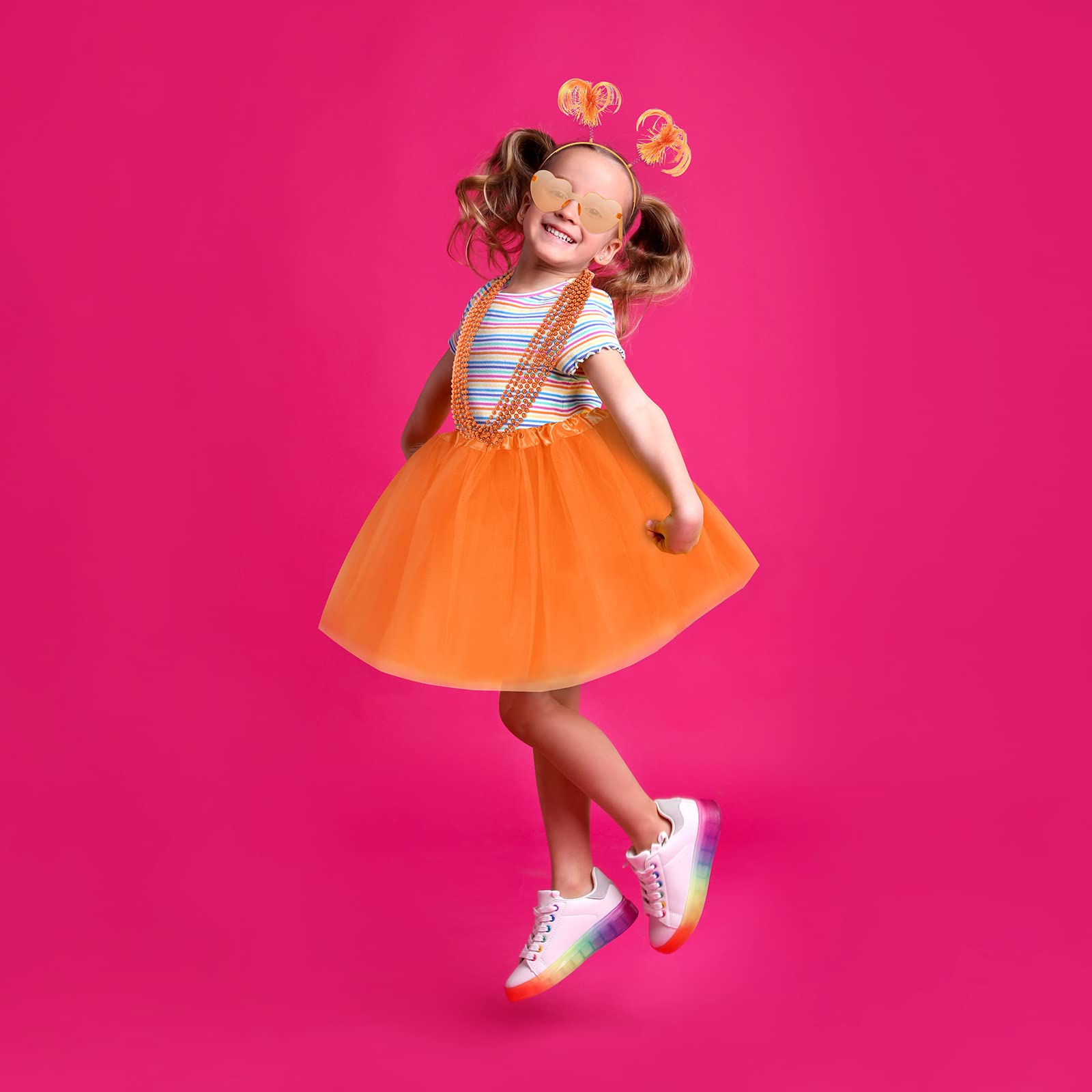 Canlierr Tutu for Women Kids Costume Accessories Set Pom Pom Headband Layered Tulle Tutu Skirt Heart Shape Sunglasses Bead Necklaces (Orange, Small)