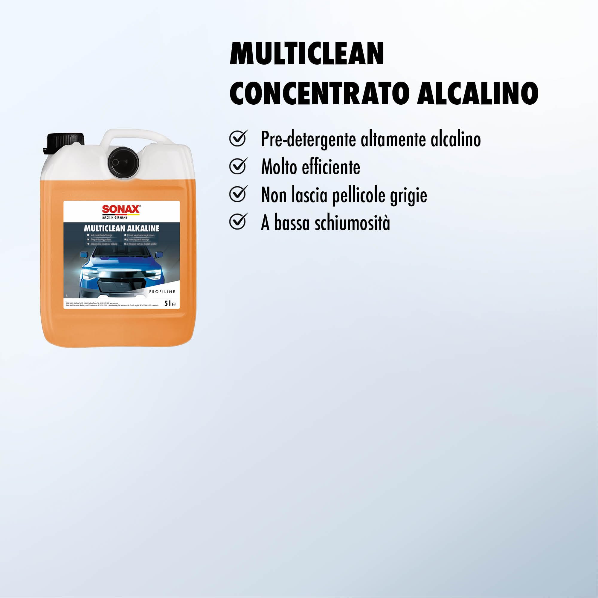 SONAX PROFILINE Multiclean Alkaline (5 Litri) predetergente Altamente alcalino per Il prelavaggio di Auto e Camion | Art. N. 06295000