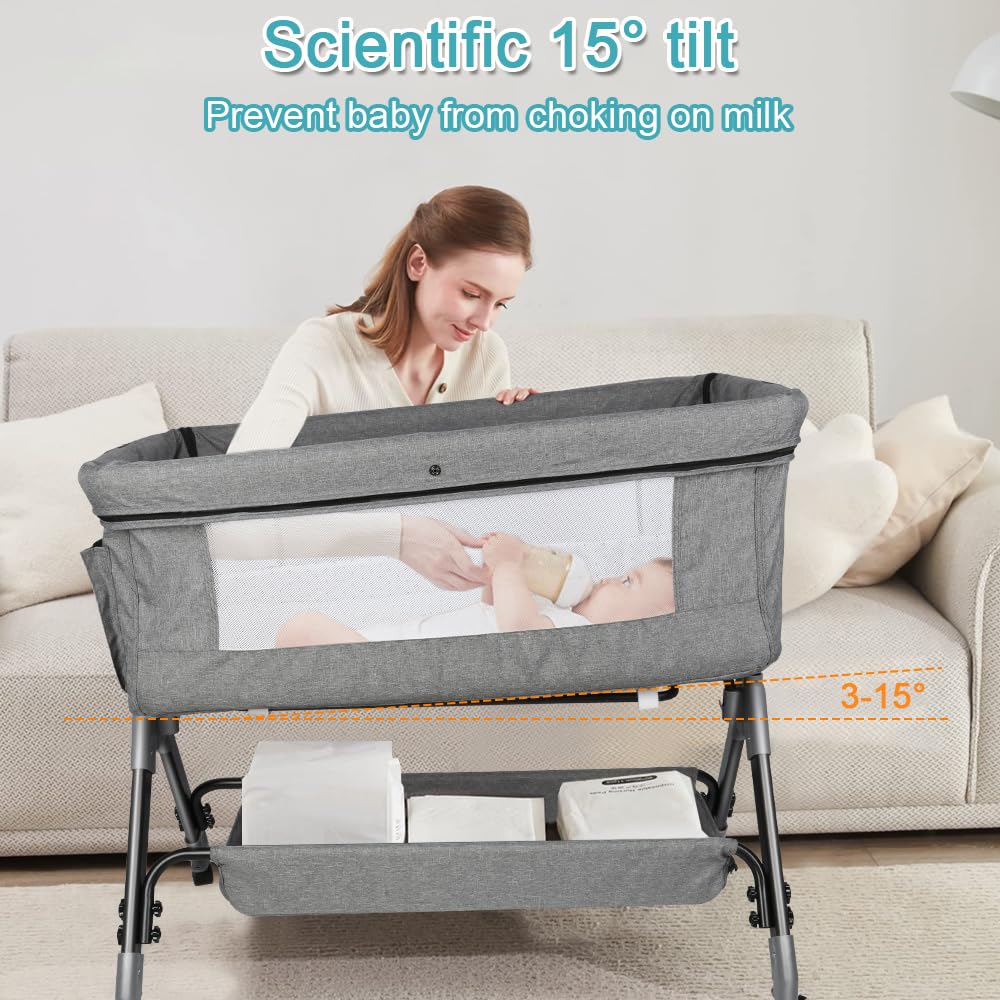 LANTUS 3 in 1 Beistellbett Baby,Stubenwagen mit Aufbewahrungskorb für Zuhause und Unterwegs,Babybett mit Weich Matratze Kinderbett,Tragbares Kinderbett 4 Rädern, 104 x 52 x 100–110 cm – Leinengrau