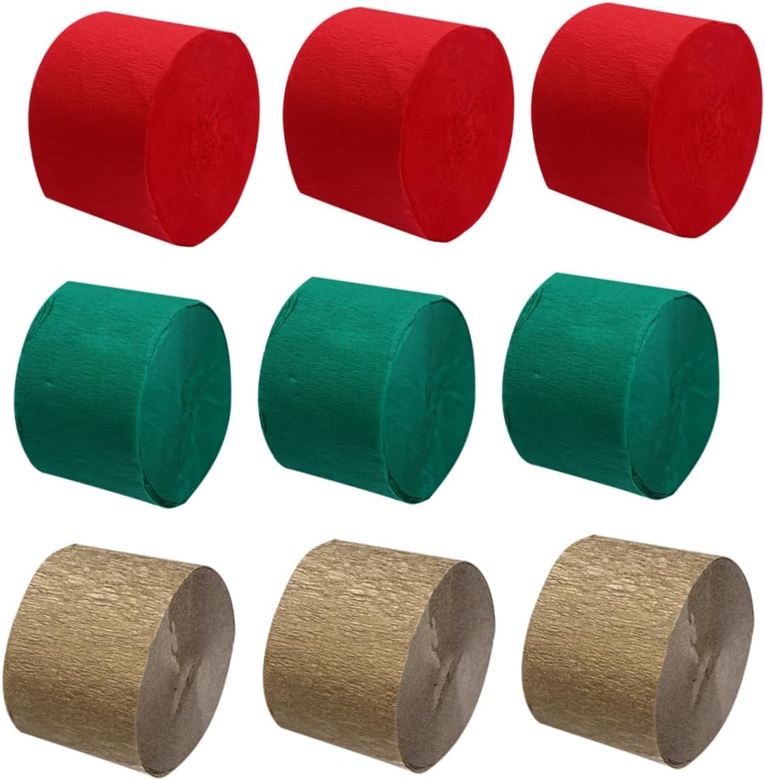 Healifty 9pcs Decorative Crepe Paper Roll Set for DIY Party Streamers, 4.5cm X 25m Wrinkle Paper in Red, Gold, and Dark Green for Halloween and Holiday Craft Decorations