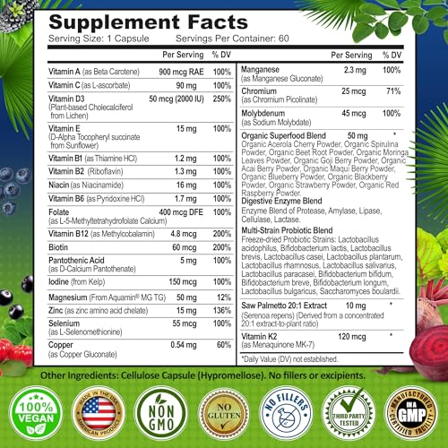 Image of Men's Daily Multivitamin - Vegan Methylated Multivitamin for Men with Saw Palmetto, Biotin, Organic Superfoods, Probiotics & Enzymes - Energy, Gut & Optimal Health Support - Easy to Swallow Capsules