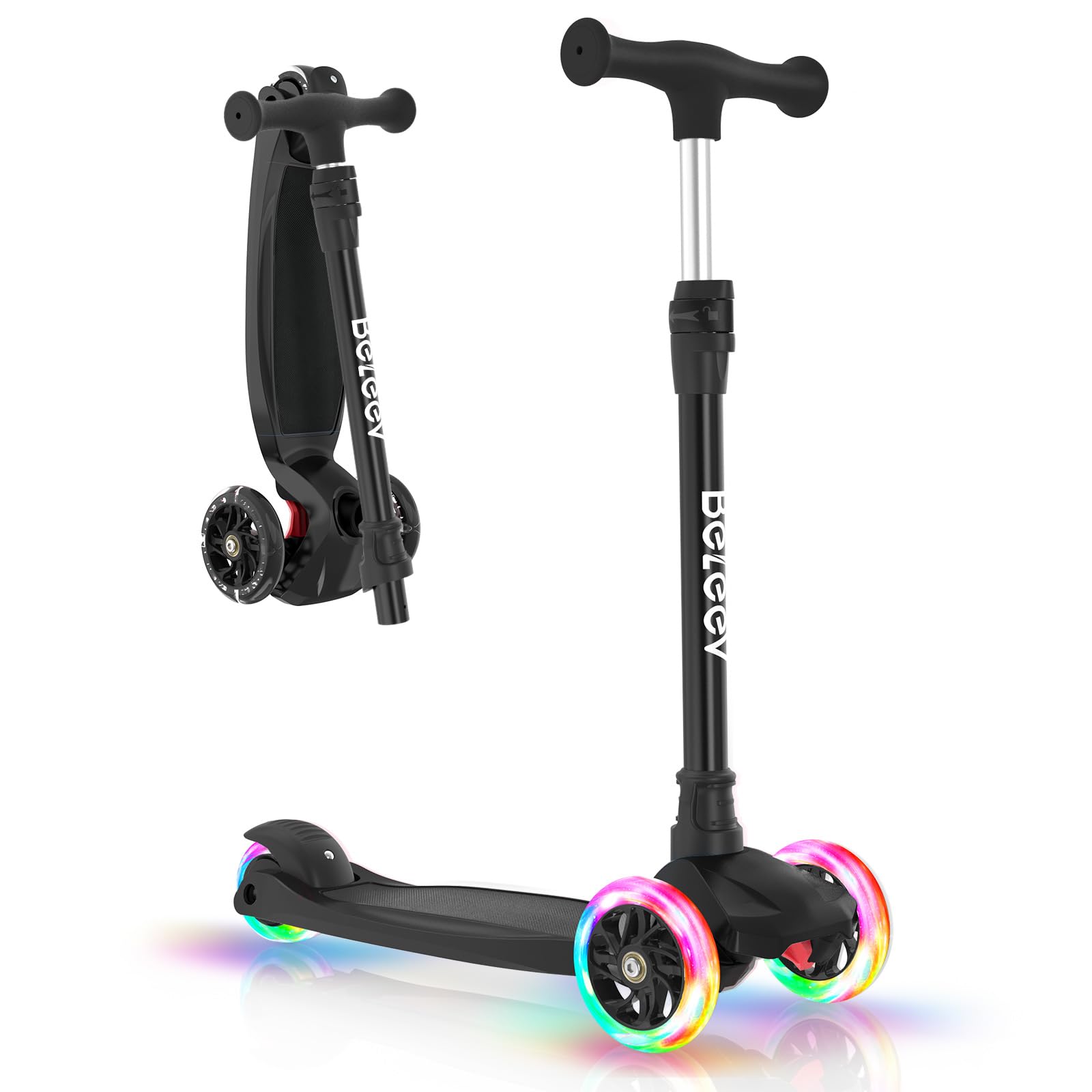BELEEV A3 Scooter for Kids Ages 3-12, 3 Wheel Scooter for Girls Boys, Kid Scooters with Light-Up Wheels, 5 Adjustable Height, Lean to Steer, Extra-Wide Deck(Black)