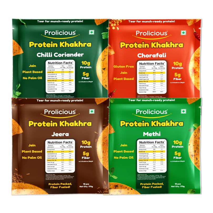 Image of Prolicious Jain Khakhra Combo Pack | Crispy Healthy Khakhra Snacks | High Protein & Fibre-Rich Indian Snack | No Onion No Garlic | Anytime Tea-Time Snack (Pack of 4, 170g each)
