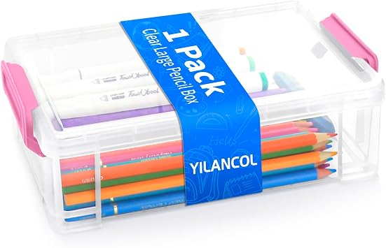 Extra Large Clear Pencil Box for Crayons, Markers, Art Supplies, Plastic Hard Pencil Case with Secure Lid, Stackable Hard Storage Organizer Box for Classroom & Office,Large Size Pink