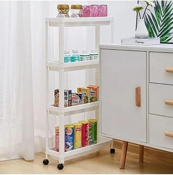 Omaş Slim Yeni Tekerlekli 4 Katlı Banyo Rafı-Mutfak Rafı Servis Sehpası Organizer White