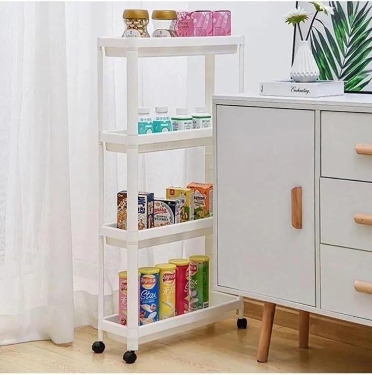 Omaş Slim Yeni Tekerlekli 4 Katlı Banyo Rafı-Mutfak Rafı Servis Sehpası Organizer White