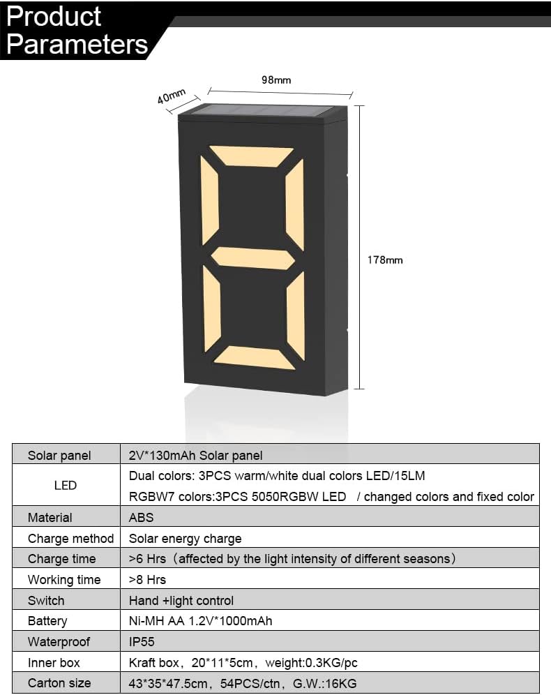 Solar Number Light RGBW 7 Colors/Dual Colors Optional Modular Digital Letter Combination Outdoor Waterproof Solar Powered Courtyard Villa House Number Decorative Lamp