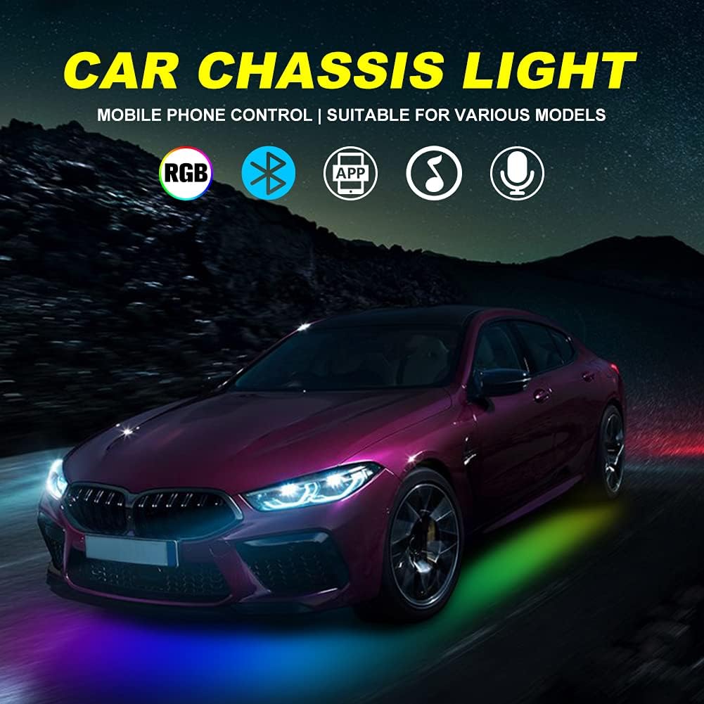 4pcs LED Strip Light Kits Automobile Chassis Lamp with APP Control RGB Multi-Color Atmosphere Underglow Lights, 12V Waterproof LED Chassis Atmosphere Lamp for All Cars.(4 Light Bars)