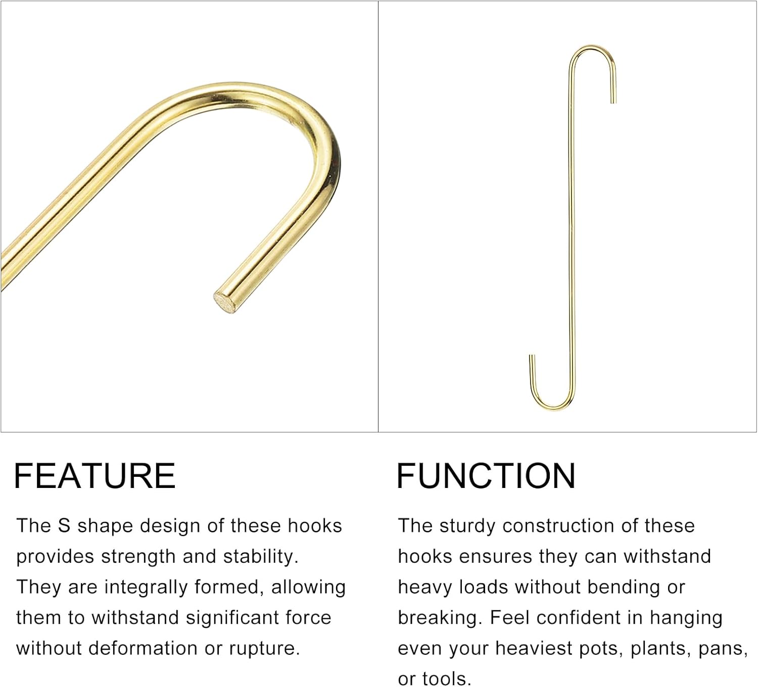 METALLIXITY S Hooks for Hanging (300mm/12) 8Pcs, Steel Extra Long S Shaped Hangers - for Plants, Garden, Kitchenware, Gold Tone