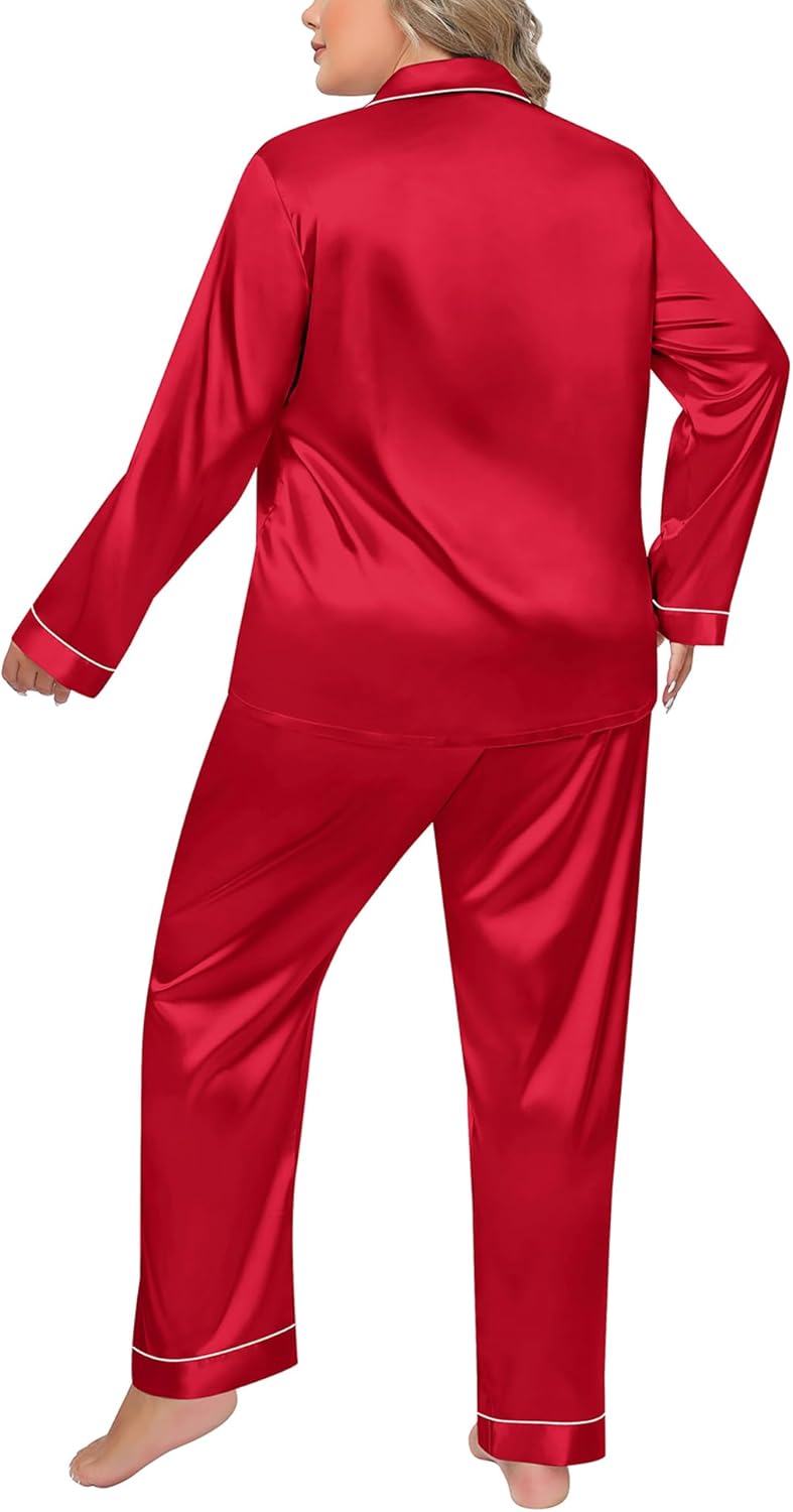 SWOMOG Women Plus Size Long Sleeve Pajamas Silk Satin Pajama Sets Button Down Sleepwear Pjs Loungewear with Pockets - Image 6