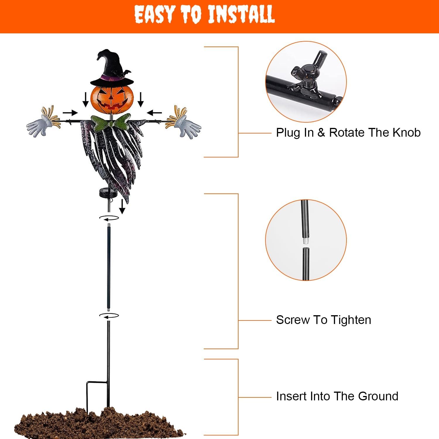 TeqHome Home Halloween Yard Stake, 49" Outdoor Solar Lighted Metal Pumpkin Head Scarecrow Stake, Garden Patio Lawn Driveway Pathway Yard Sign Decoration for Halloween Décor Lantern Gift, Waterproof