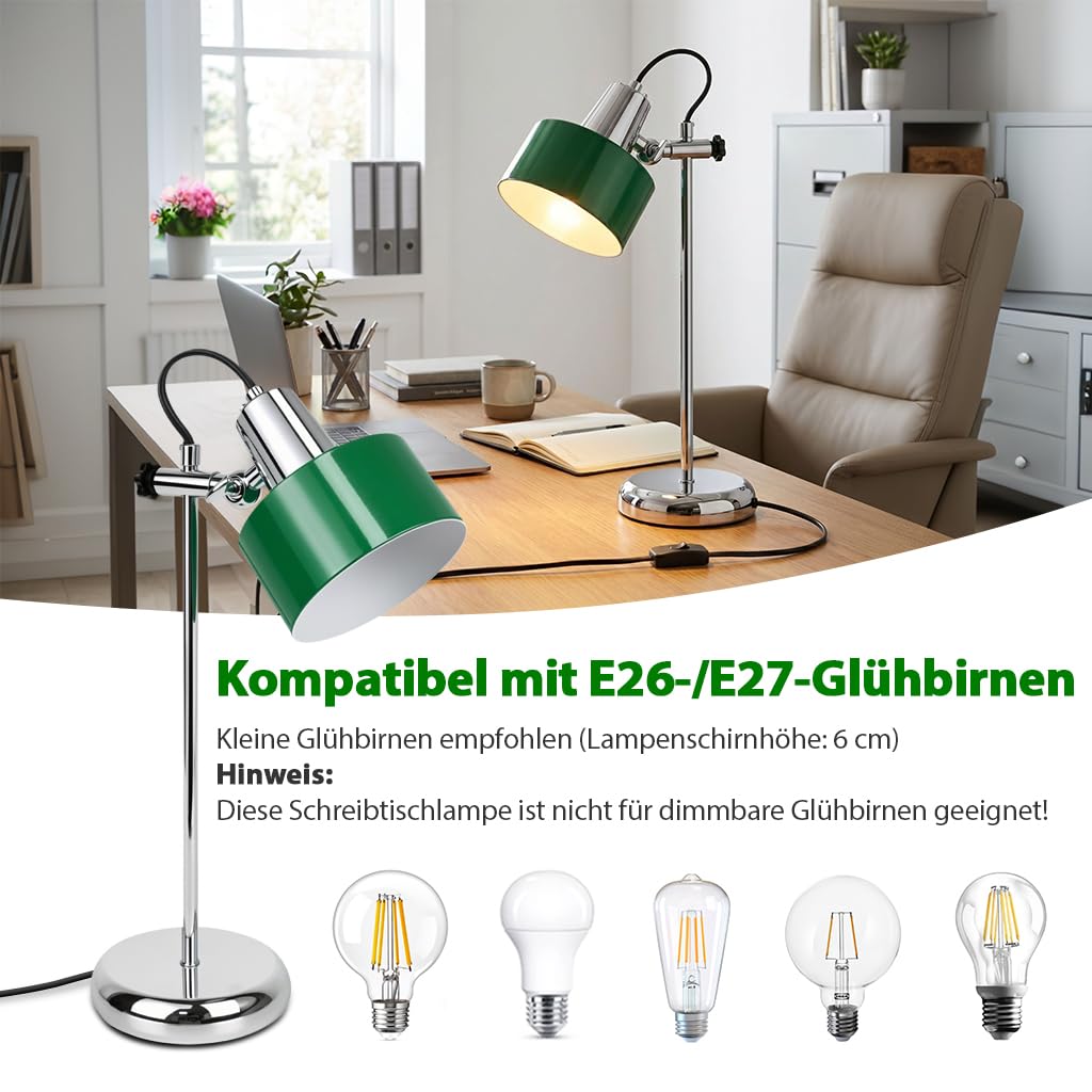 Schreibtischlampe E27,Verstellbarer Lampenschirm,Schreibtischlampe Retro | Grün Lampenschirm,Silber Base,Höhenverstellbar,Tischlampe Chrom,Schlafzimmer Büro Lernen,Vintage Nachttischlampe Leselampe