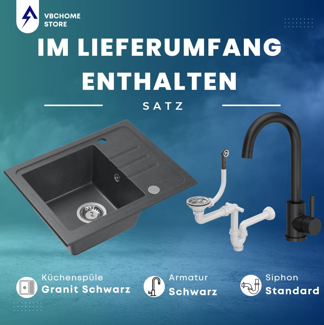 VBChome Granit Spülbecken 55 x 44 cm Schwarz gesprenkelt – Einbauspüle Einzelbecken reversibel mit Armatur & Siphon – Küchenspüle Set matt Schwarz – robust & pflegeleicht