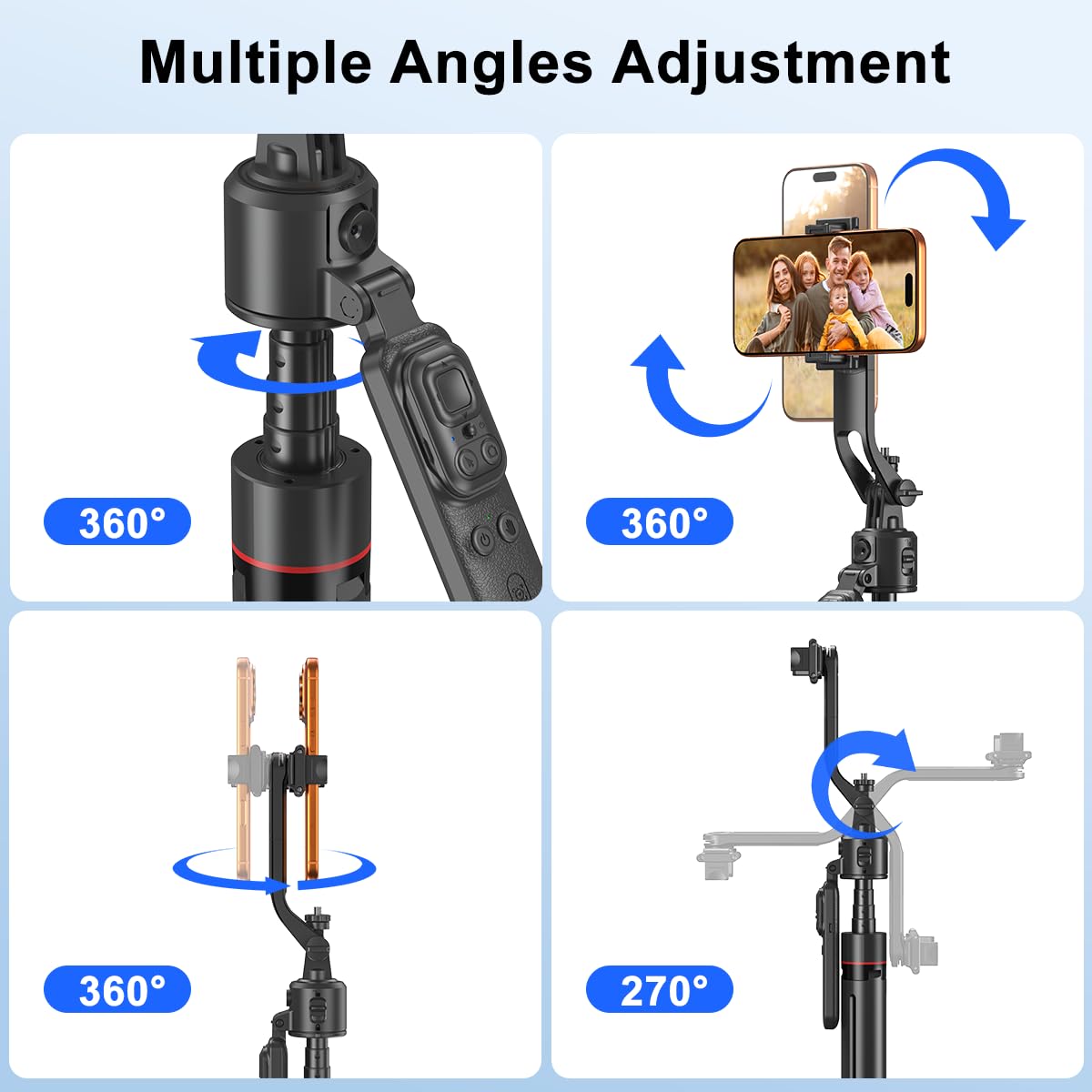 Treppiede per selfie da 176 cm, rotazione a 360°, apertura automatica, con telecomando ricaricabile, per TikTok/Vlog/Live Stream, compatibile con iPhone/Android/fotocamera/GoPro