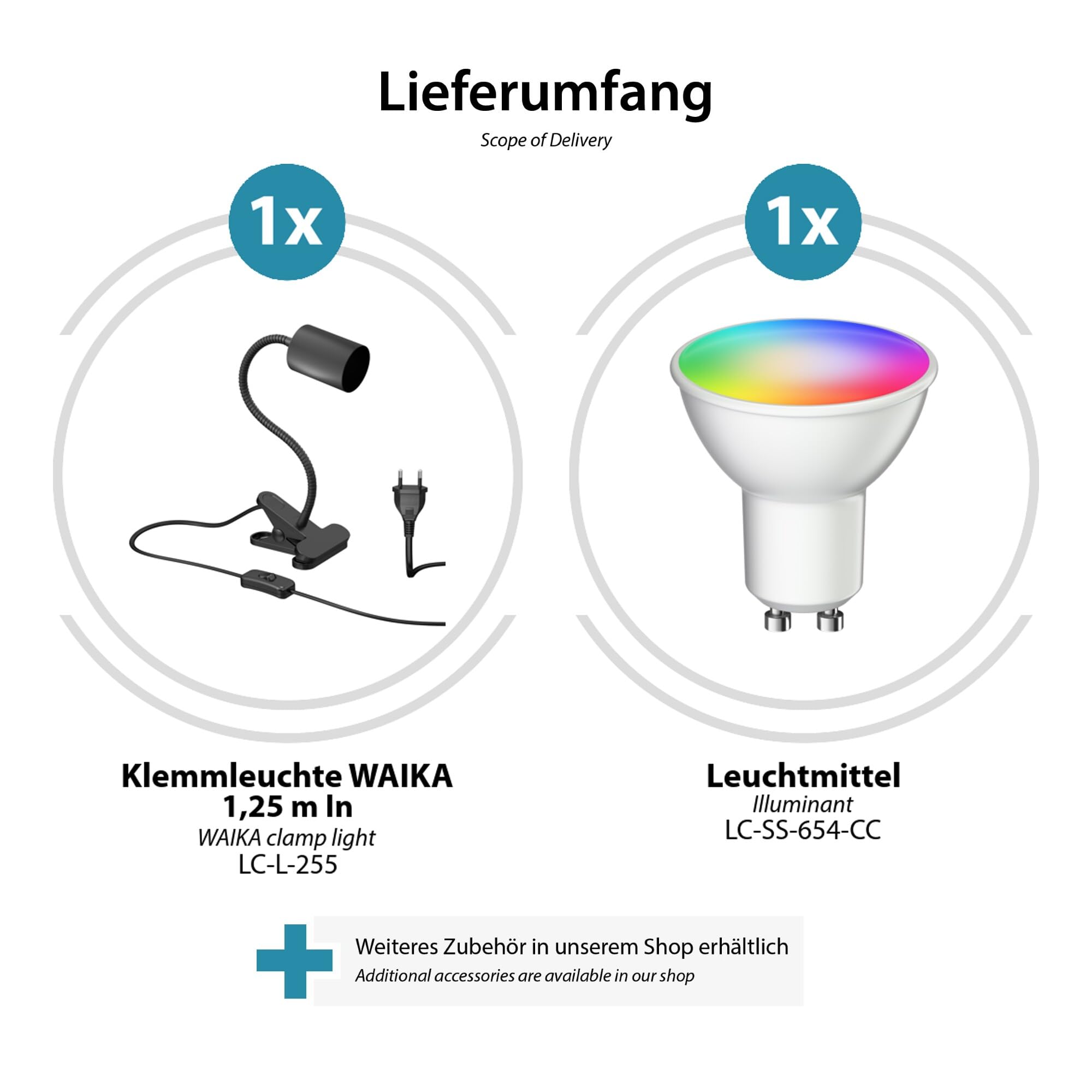 ledscom.de 2x Klemmleuchte WAIKA mit Schwanenhals und Schalter schwarz matt, inkl. Smart Home RGBW GU10 LED Lampe, 5,41W, 473lm