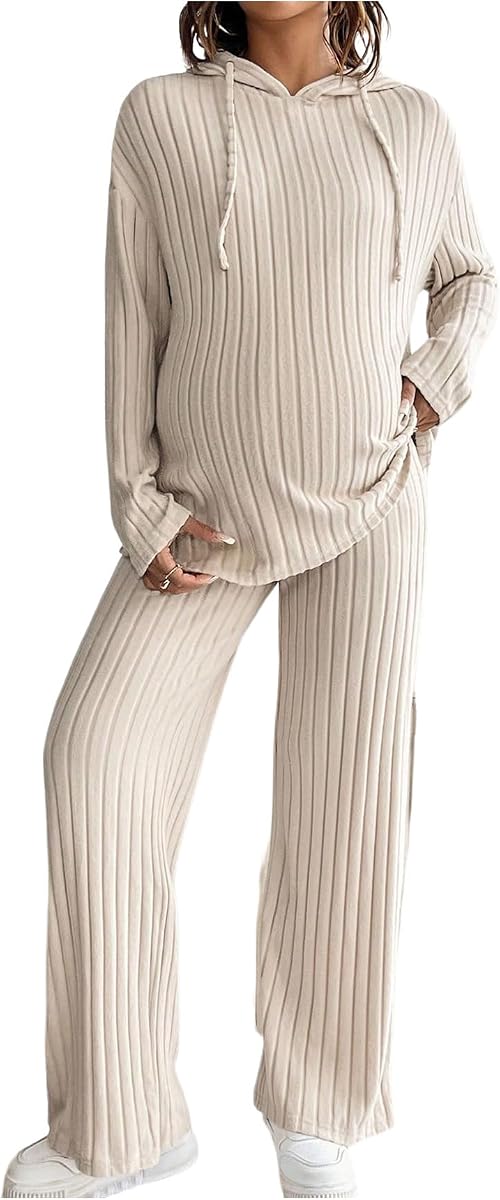 MakeMeChic Women's Maternity 2 Piece Sets Ribbed Knit Hoodie Pants Outfits | Long Sleeve, Straight Leg, Pregnancy, Lounge Set
