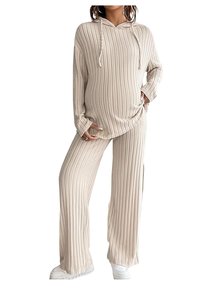 Pregnant woman in matching knit loungewear set