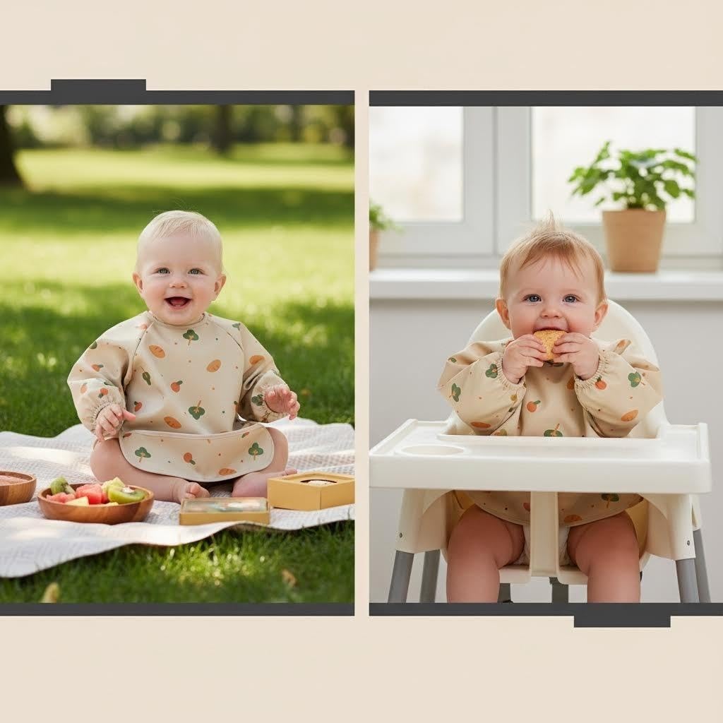 Baby Lätzchen mit Ärmeln & BLW, 2 Pcs PU Wasserdicht Abwaschbar Ärmellätzchen, Ganzkörper Lätzchen Baby für 6-36 Monate Jungen Mädchen (Dinosaur & Breadfruit)