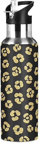 Miniatura 8 de Gold Leopard Spots - Botella de agua de acero inoxidable negro de 20 onzas, botella de agua deportiva sin BPA con popote a prueba de fugas
