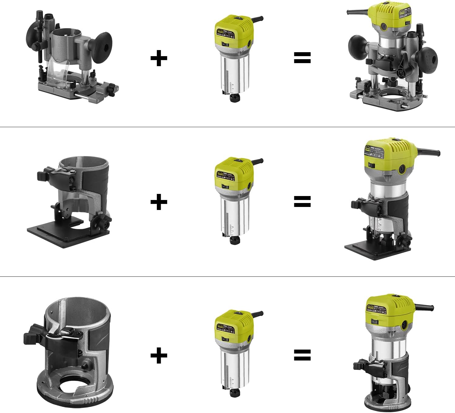 Diagram showing the router motor unit being combined with different bases: plunge base, fixed base, and angled base
