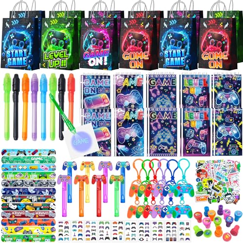 Huxolynifty 146pcs Jeu Vidéo Fête Anniversaire Cadeau,Invisible Carnet de Notes Sacs Timbre Porte-clés Goodies ect, pour Fête d'Anniversaire des Joueurs...