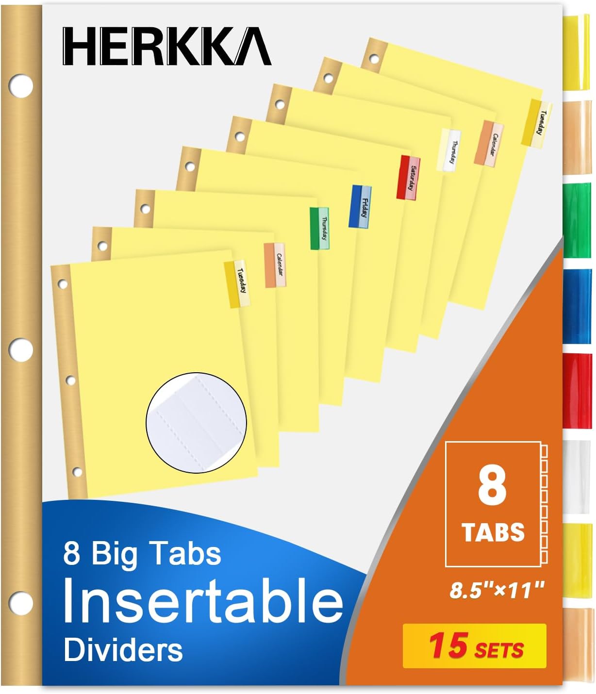 8-Tab Binder Divider, HERKKA 120 Pack Binder Index Dividers with 8 Insertable Multicolor Big Tabs, Paper with Gold-Reinforced Holes Letter Size, Yellow, 1/8-Cut Tabs