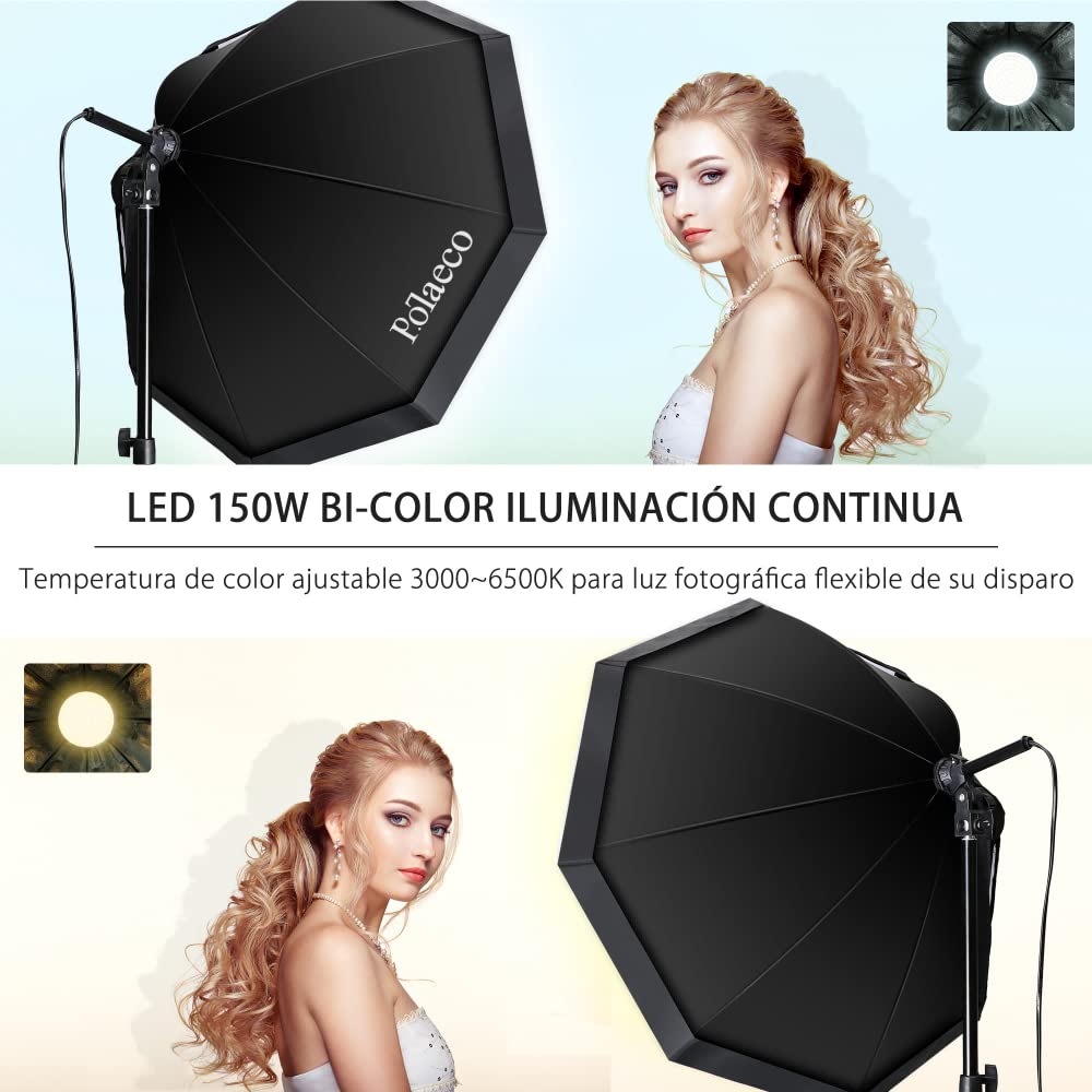 Equipo de Iluminación Estudio Fotografía Kit de 2 Softbox Octogonal Bicolor 3000~6500K con Bombilla LED 150W Control Remoto y Soporte de Luz Ajustable para Retrato Vídeos Transmisión en Vivo