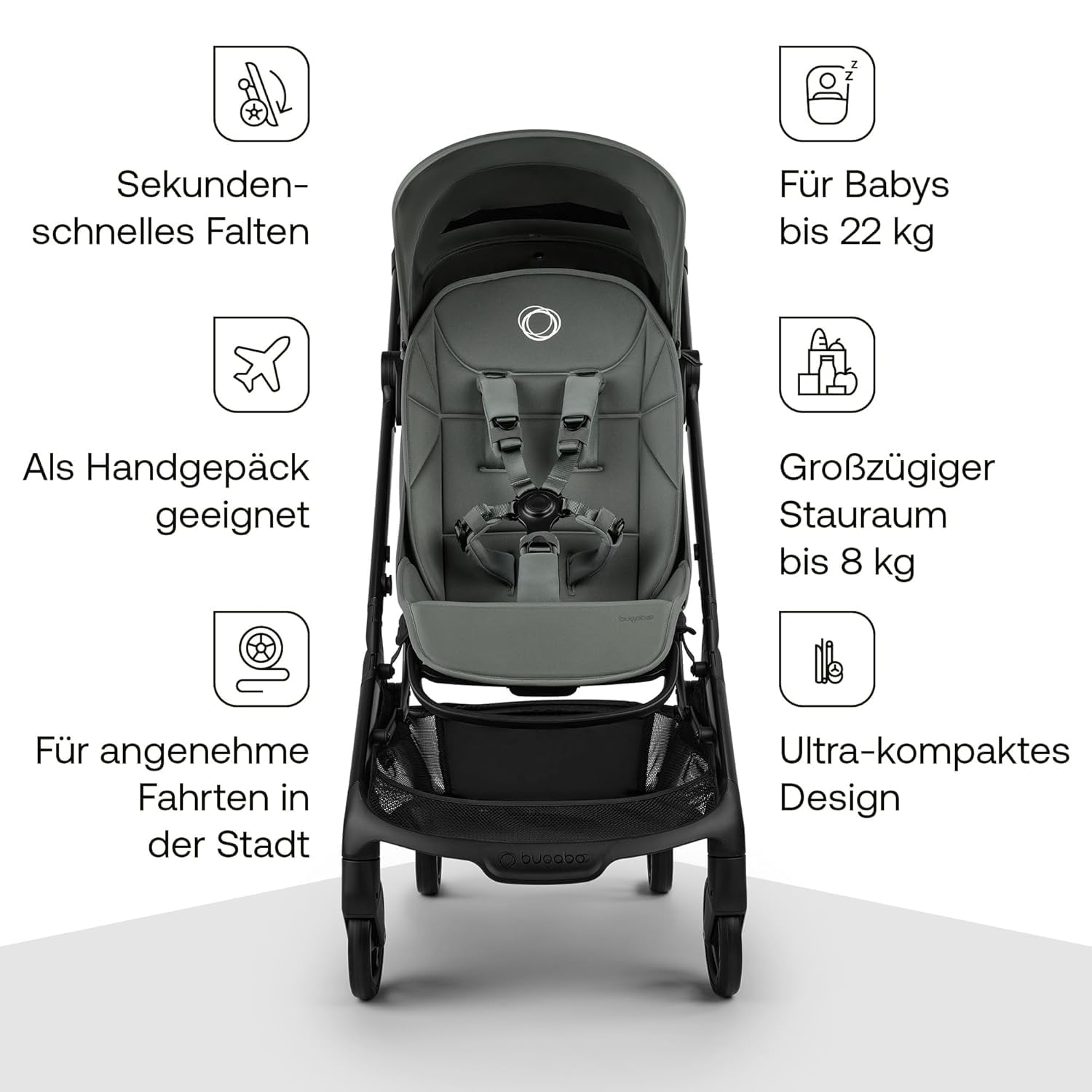 Bugaboo Butterfly 2 Reisebuggy Set – leichter, faltbarer Kinderwagen mit Sicherheitsbügel & Regenabdeckung – Handgepäckgröße, mit Liegefunktion – ab 6 Monaten bis 4 Jahre – Forest Green