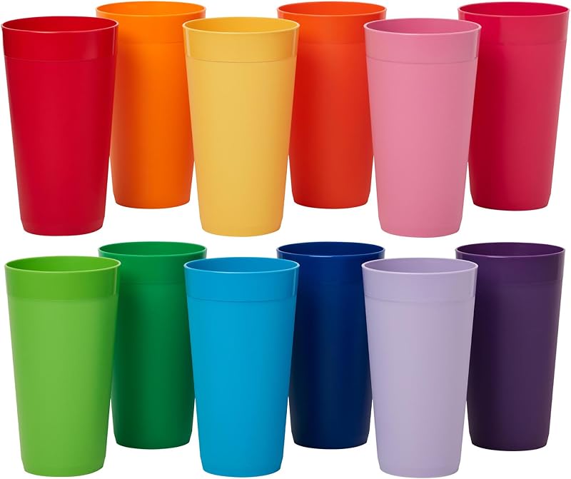 Paquete de 12 vasos de plástico irrompibles Newport de acrílico estadounidense (20 onzas), 12 colores brillantes surtidos, vasos para beber sin BPA, vasos aptos para lavavajillas para fiestas, campamentos y uso diario