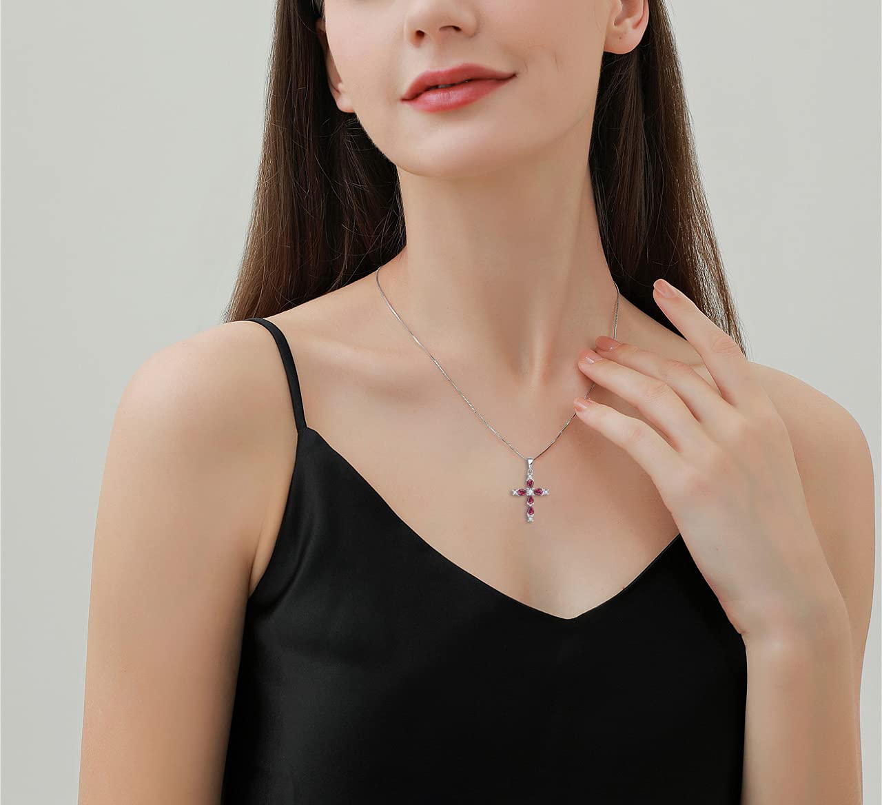 YL Collar Cruz Plata de Ley 925 con 12 Piedras de Nacimiento de Circonita Regalos con Colgante de Crucifijo para Mujeres Mamás, 45-48 CM