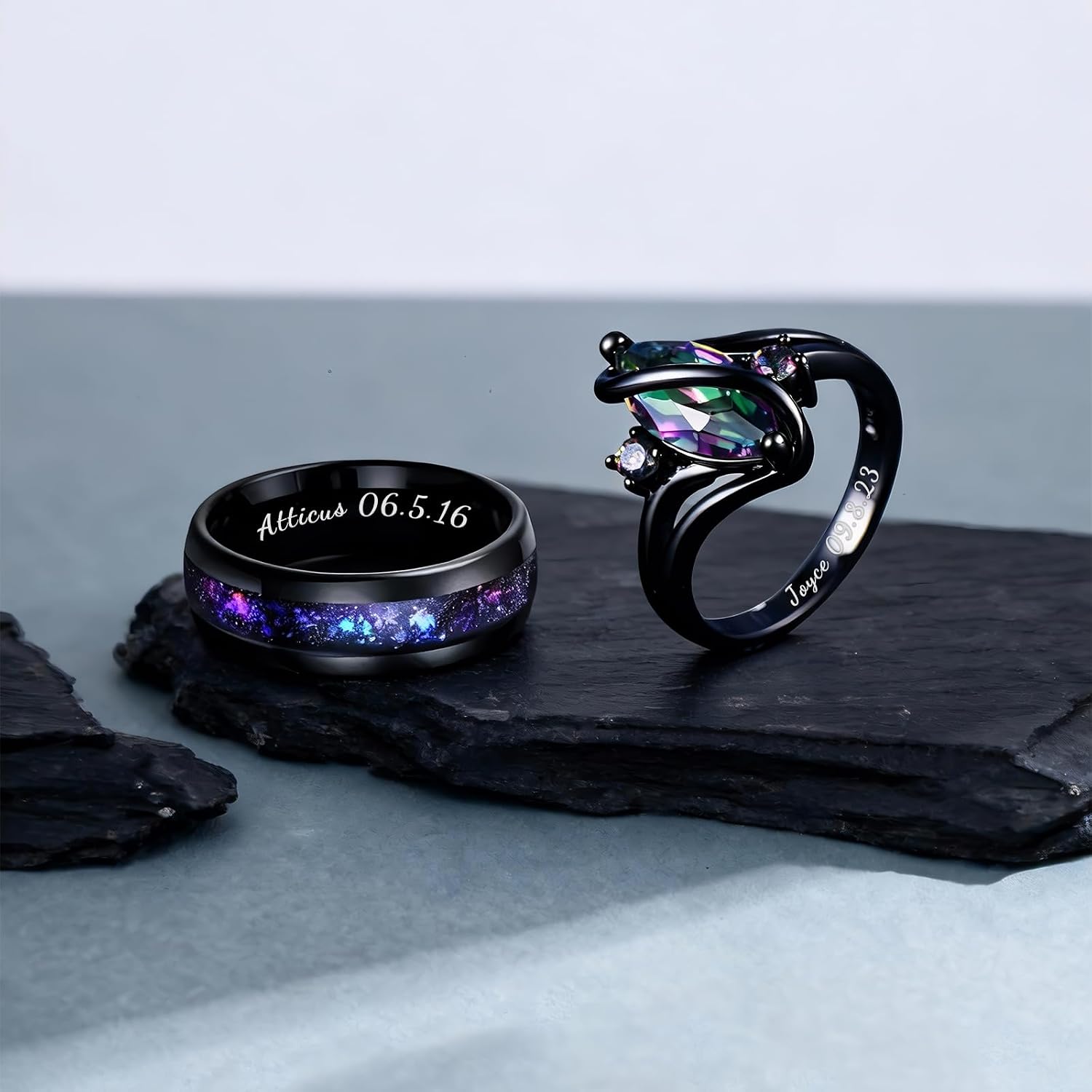 Personalized Matching Couple Rings, Custom Engraved Band Set for Him & Her, Galaxy Design Fashion Jewelry, Ideal Gift for Valentines Day & Anniversary