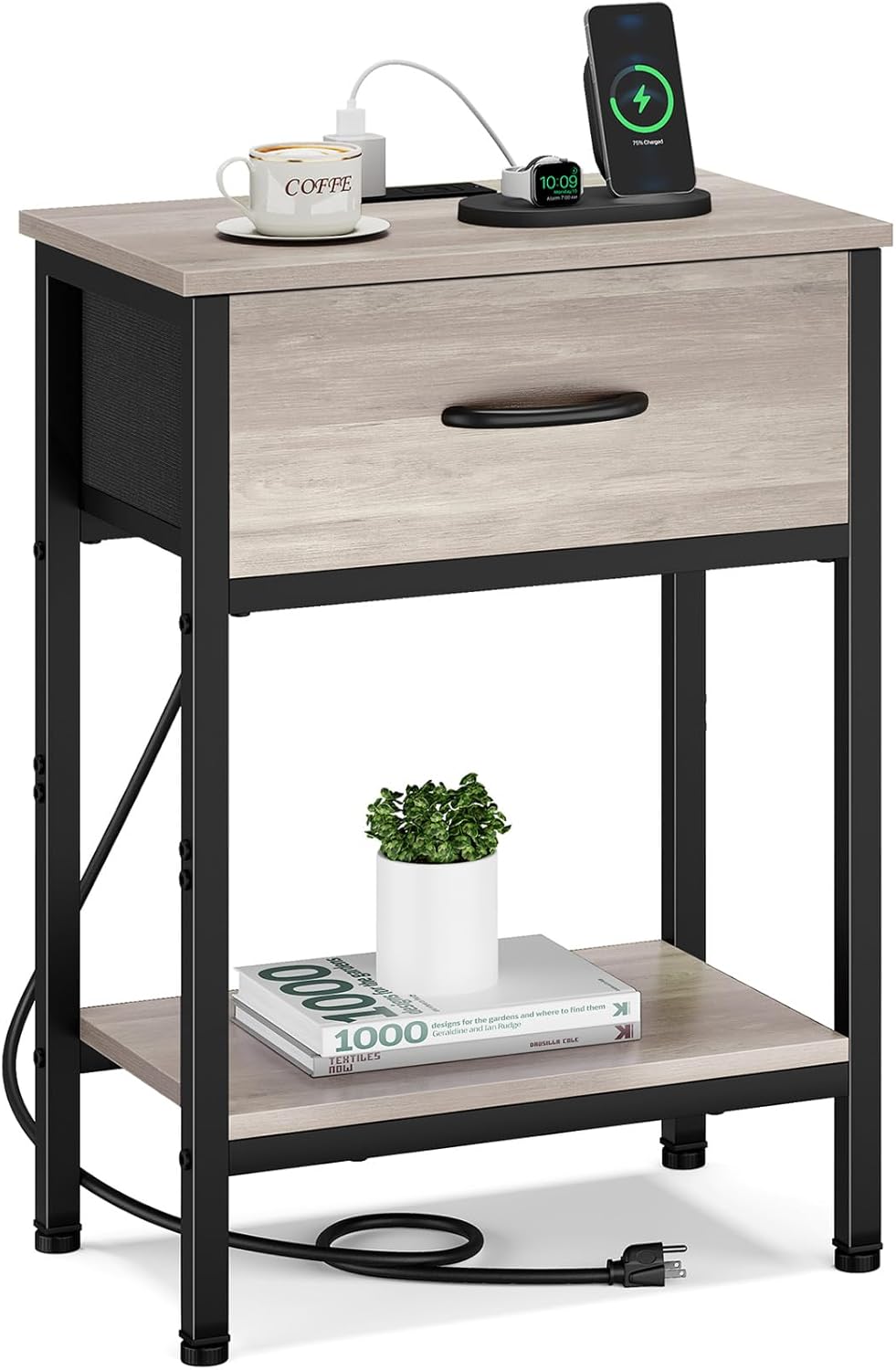 Vagusicc Nightstand with Charging Station, End Table with Fabric Drawer, Small Side Table with 2-Tier Storage Shelves, 25.4" Tall Night Stand, Bedside Table for Bedroom, Living Room, Dorm, Greige